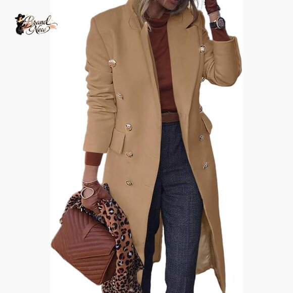 Wool Blend Double Breasted Trench Coat Below Knee Length